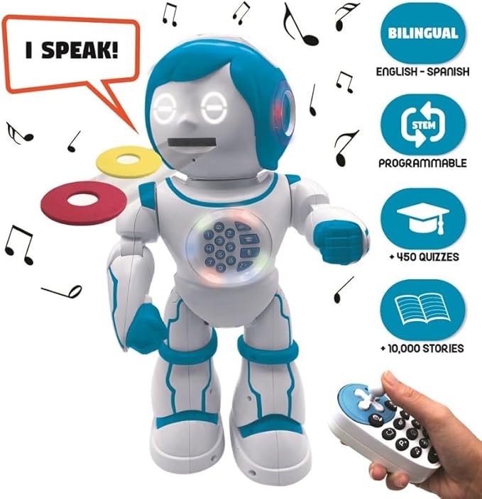 Lexibook Powerman Kid- Educational and Bilingual English/Spanish Robot - Walking Talking Dancing Toy - STEM Programmable Creating Stories - Quizzes Shooting Discs- ROB90EN
