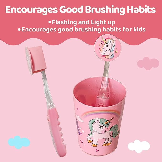 Lily's Home Kids Flashing Timer Toothbrush kids with Soft Bristles, Rising Cup & Cover - Fun 2-Min Light-Up Brushing for Children - Toddler Toothbrush Soft Toothbrush Kit (shark and Unicorn)- set of 2