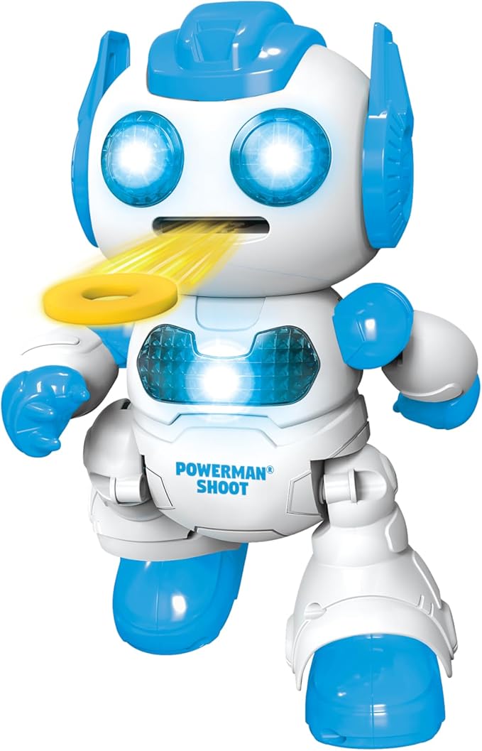 LEXiBOOK, Powerman Shoot - My First Throwing-disc Robot, Programmable Remote Control Robot, Plays Music and Dances, Sound and Light Effects, 12 Foam Discs, ROB17, White/Blue