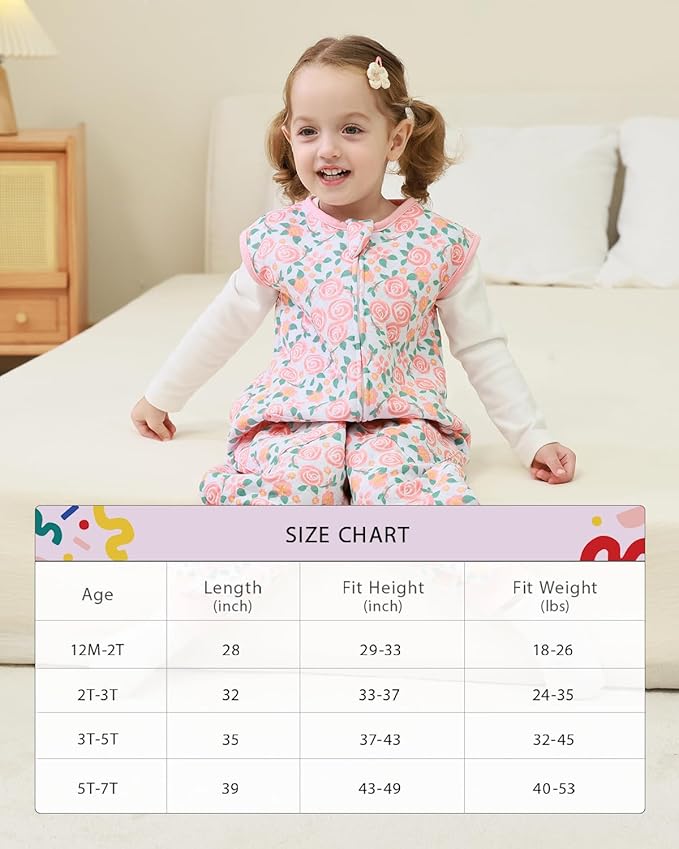 HOMEAL 1.0Tog Toddler Sleep Sacks 2T-3T,Toddler Sleeping Sack with Legs, Sleep Sacks, Baby Wearable Blanket, Pink Rose-CubbioBaby