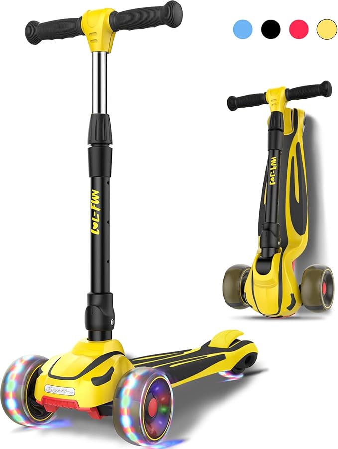 LOL-FUN Toddler Scooter for Kids Ages 3-12 Years Old Boy Girl with 3 Wheel LED Lights, Extra-Wide Childrens Foldable Kick Scooter Kids Ages 3-5 with 4 Adjustable Height and Lean-to-Steer-CubbioBaby