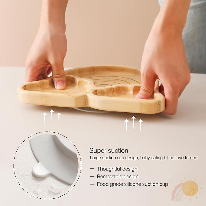 let's make Marble Plate Set, 4 Pieces Bamboo Suction Place Setting for Baby-Led Weaning Feeding Set, Rainbow Design