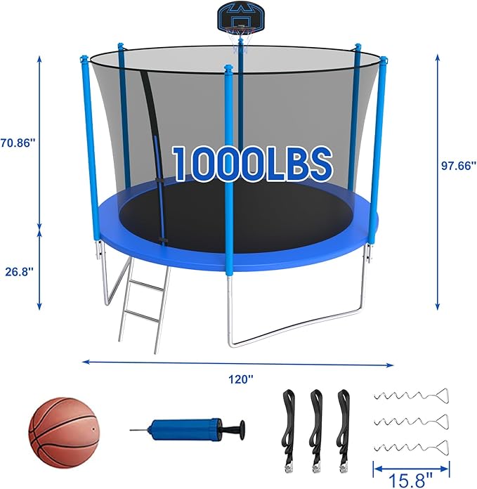 SKYUP Tranpoline 1500LBS 16 15 14 12 10 8 FT Tranpoline for 7-10 Kids and Adults, Windproof Outdoor Tranpoline with Enclosure Net, Basketball Hoop, Easy to Install & Last Long - ASTM Approved-CubbioBaby