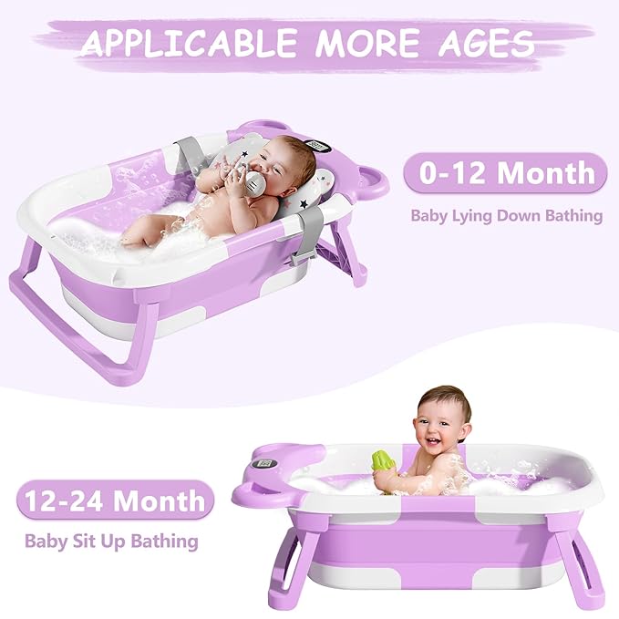 MoreFeel Collapsible Baby Bathtub for Newborn with Thermometer & 1 Hooded Towel & 1 Soft Floating Cushion,Portable Travel Bathtub with Drain Hole, Durable Foldable Baby Tubs for Infants to Toddler-CubbioBaby