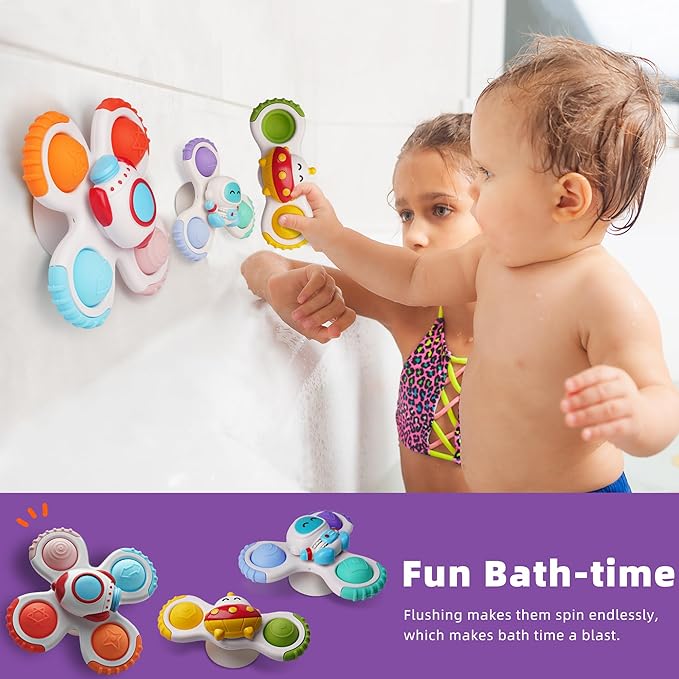 LiKee Strong Suction Cup Fidget Spinnerz Sensory Bath Toys for Baby 12 18 Months Airplane Car Travel Table & Window Toys for 1 2 Year Old Toddler Boys and Girls (Space-1)