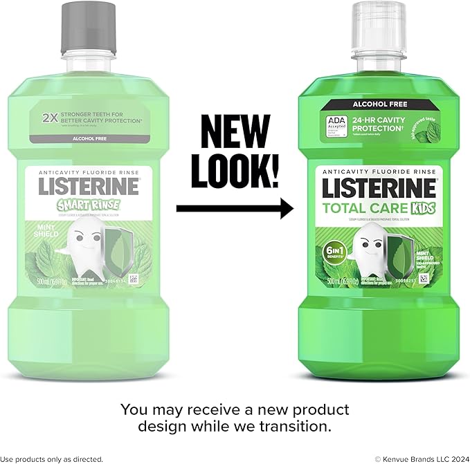 Listerine Total Care Kids Mouthwash, ADA Accepted, Alcohol-Free Anticavity Sodium Fluoride Mouthwash, Kids' Oral Rinse for Cavity Protection, Mint Flavor for Children's Oral Care, 500 mL