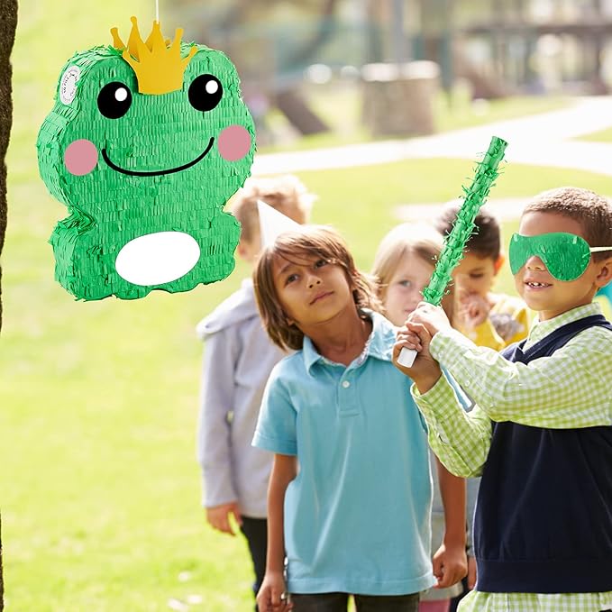 Lewtemi 15'' x 12'' x 3'' Frog Piñata Set Frog Birthday Decorations Include Large Piñata, Stick, Blindfold and Confetti for Kids Frog Party Decorations Favors Supplies Outdoor Games