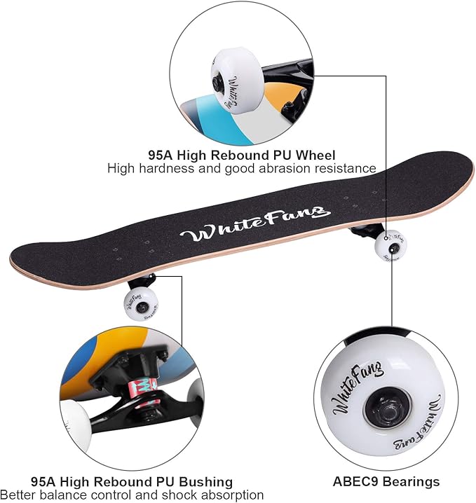 WhiteFang Skateboards for Beginners, Complete Skateboard 31 x 7.88, 7 Layer Canadian Maple Double Kick Concave Standard and Tricks Skateboards for Kids and Beginners-CubbioBaby