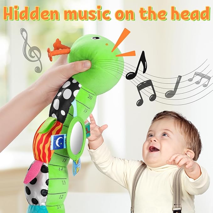 LIGHTDESIRE Baby Toys Musical Caterpillar,Infant Toys Stuffed Animals with Ruler Design,Mirror,Pull String&Ring Bell,Baby Teething Toys for Tummy Time Toys Newborn Gift 3 6 12 Months(Green,Leafy Limb)-CubbioBaby