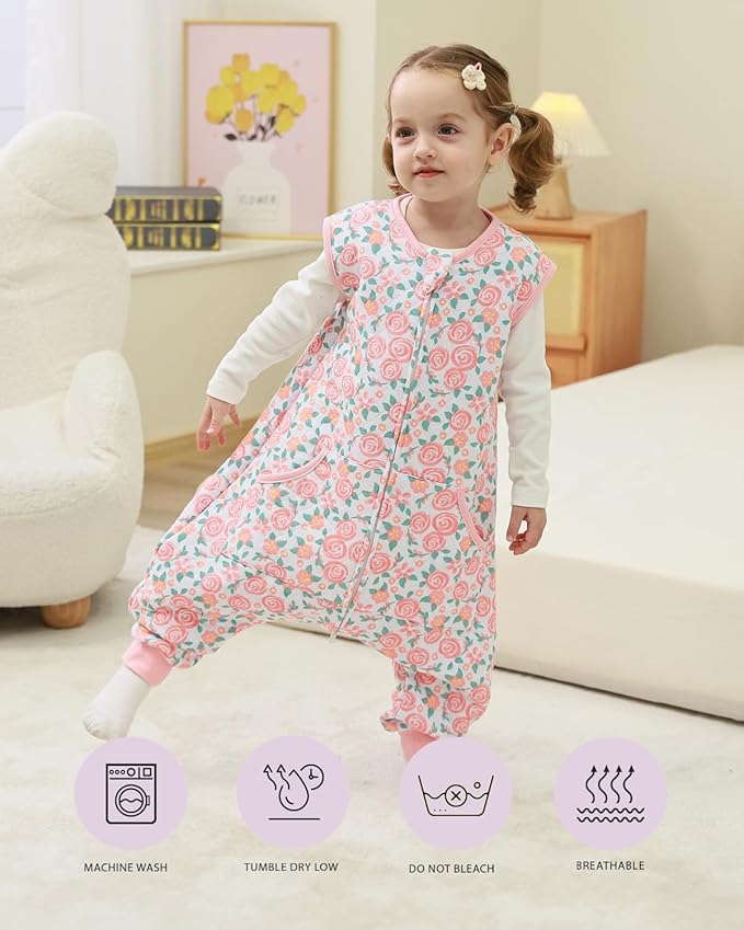 HOMEAL 1.0Tog Toddler Sleep Sacks 2T-3T,Toddler Sleeping Sack with Legs, Sleep Sacks, Baby Wearable Blanket, Pink Rose-CubbioBaby