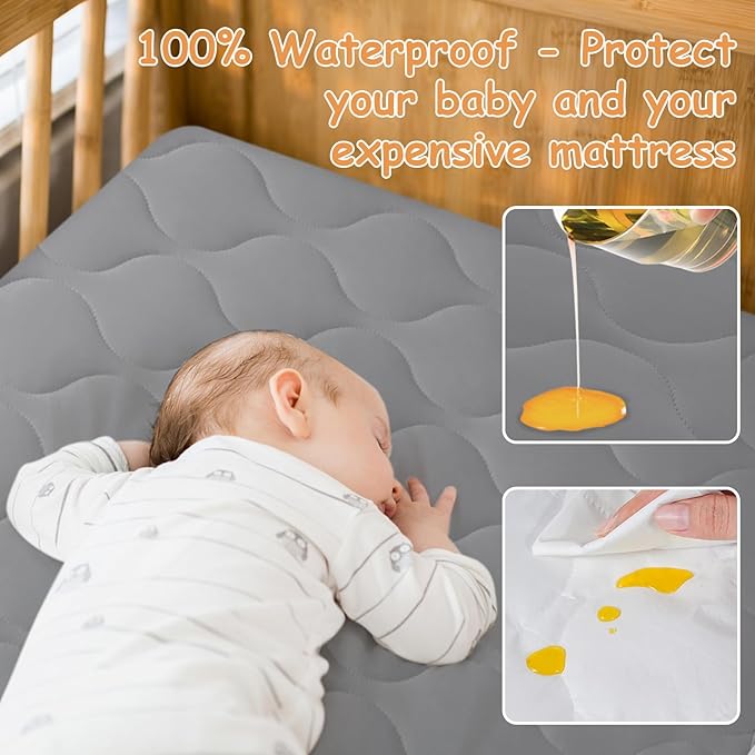 Yoofoss Waterproof Crib Mattress Protector, Quilted Crib Mattress Pad Cover Soft and Breathable, Machine Washable Toddler Mattress Protector for Standard Baby Crib Size 52''x28''-CubbioBaby