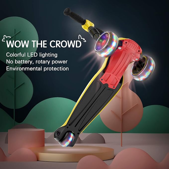 LOL-FUN Toddler Scooter for Kids Ages 3-12 Years Old Boy Girl with 3 Wheel LED Lights, Extra-Wide Childrens Foldable Kick Scooter Kids Ages 3-5 with 4 Adjustable Height and Lean-to-Steer-CubbioBaby