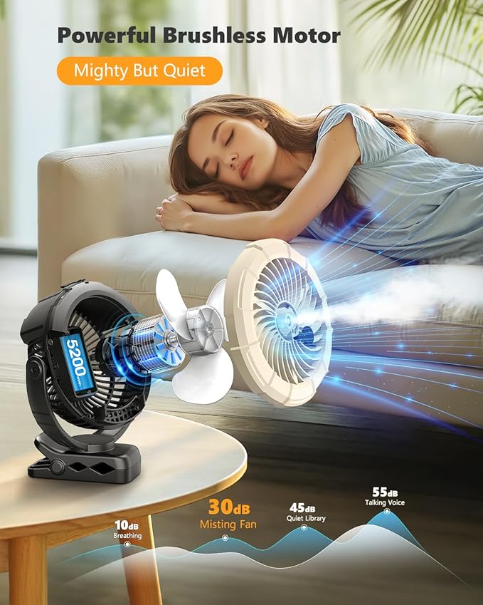 Ausic 3-in-1 Portable Clip on Fan with Misting & LED Lights & Hook, 100ML Baby Stroller Fan, 5200mAh Rechargeable Battery Operated & 360° Rotation & 3 Speeds for Table Outdoor Travel Camp Golf Cart-CubbioBaby