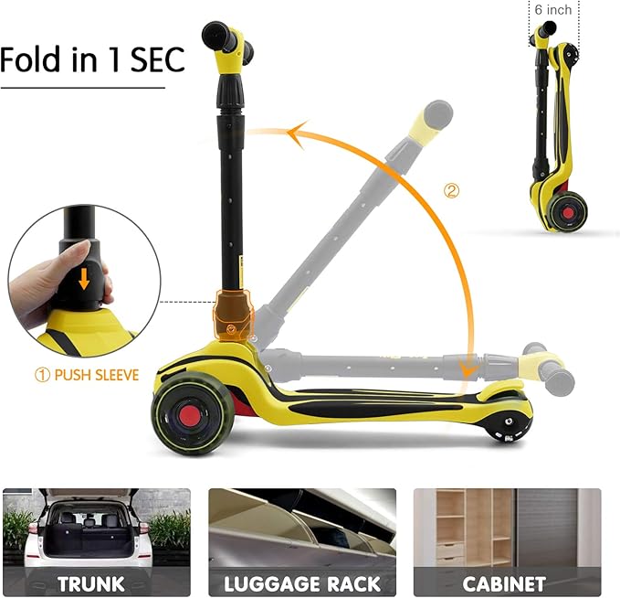 LOL-FUN Toddler Scooter for Kids Ages 3-12 Years Old Boy Girl with 3 Wheel LED Lights, Extra-Wide Childrens Foldable Kick Scooter Kids Ages 3-5 with 4 Adjustable Height and Lean-to-Steer-CubbioBaby