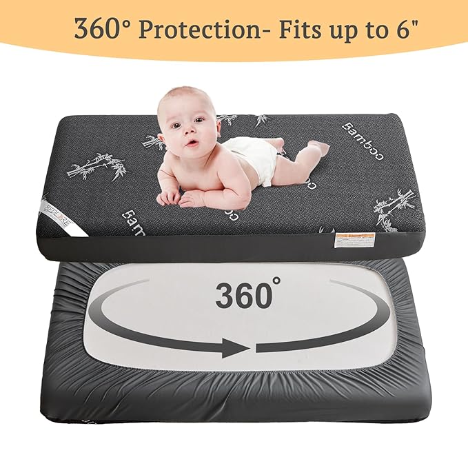 BEDLORE Waterproof Crib Mattress Protector 2 Pack, Ultra Soft Bamboo Viscose Crib Mattress Pad Cover, Noiseless Toddler Mattress Protector for Standard Baby Mattress Size 52''x28'', Dark Gray-CubbioBaby