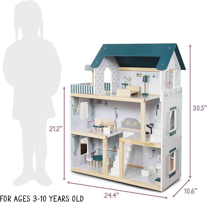 Lil' Jumbl Kids Wooden Dollhouse, 17-Piece Accessories & Furniture are Included, with Balcony & Stairs, 3 Story Easy to Assemble Doll House Toy - Green