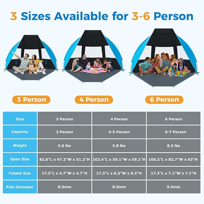 Gorich Portable Beach Tent for 3/4-5/6-7 Person with UPF 50+ UV Protection, Lightweight & Foldable Sun Shelter with 5 Sand Bags, Easy Setup Windproof Beach Umbrella Sun Shade-CubbioBaby