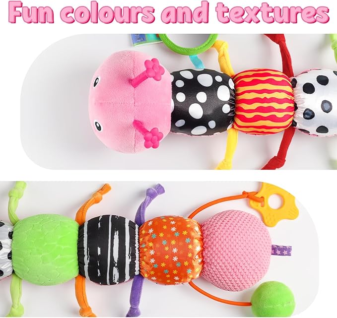 LIGHTDESIRE Baby Toys Musical Caterpillar,Infant Toys Stuffed Animals with Mirror,Ruler Design,Pull String&Rattles,Sensory Toy for Tummy Time Boy Girl Newborn Gifts 3 6 12 Months(Rose Pink,Knot Limb)-CubbioBaby