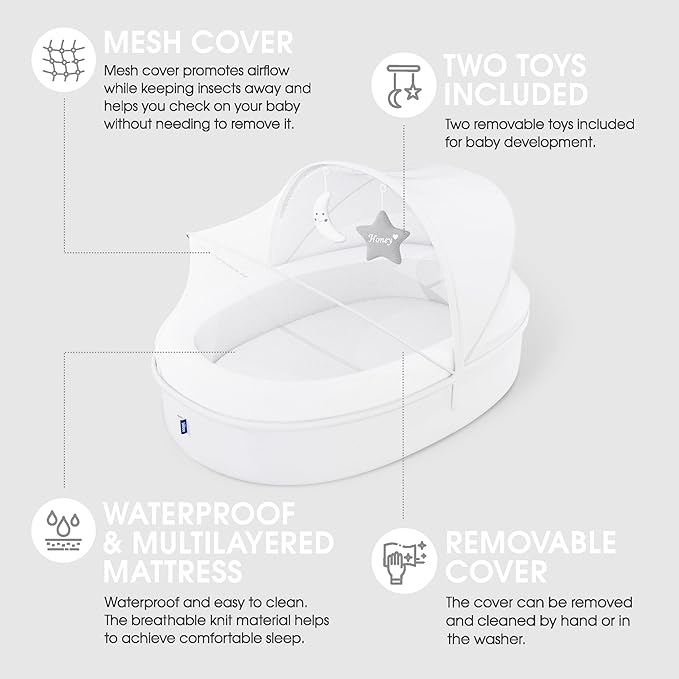 Premium Portable Baby Lounger Nest – Foldable Travel Bassinet for Newborn & Infant with Mesh Canopy, 2 Toys, Waterproof Mattress & Removable Cover – White-CubbioBaby