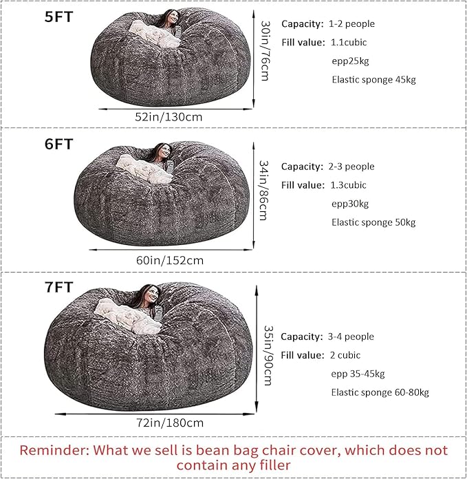 (Cover only, No Filler) Giant Fur Bean Bag Chair Cover(Cover only, No Filler) for Kids Adults, Living Room Furniture Big Round Soft Fluffy Faux Fur Beanbag Lazy Sofa Bed Cover (Wine Red, 7FT)