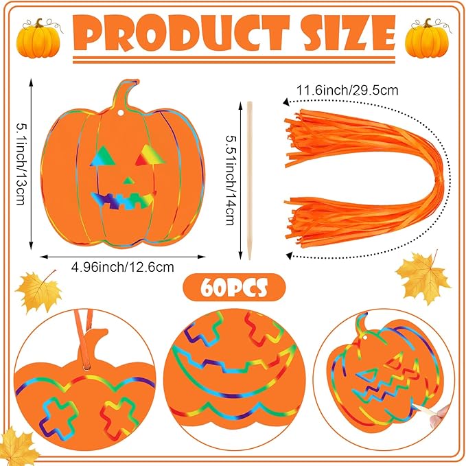 Liliful 60 Set Thanksgiving Scratch Crafts for Kids Colorful Pumpkin Scratch Crafts with 30 Wooden Scratch Tools Fall Scratch Art Pumpkin Hanging Art for Autumn Thanksgiving Craft Gifts
