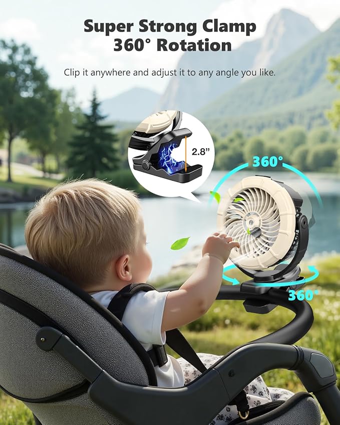 Ausic 3-in-1 Portable Clip on Fan with Misting & LED Lights & Hook, 100ML Baby Stroller Fan, 5200mAh Rechargeable Battery Operated & 360° Rotation & 3 Speeds for Table Outdoor Travel Camp Golf Cart-CubbioBaby