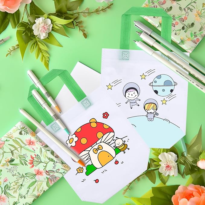 Liobelon 12 Pieces Coloring Goodie Bags, Canvas Coloring Party Favor Bags for Boys Girls Kids, Reusable Cartoon Coloring Gift Bags for Birthday Supplies, Coloring Tote Bags Bulk for DIY Art Crafts