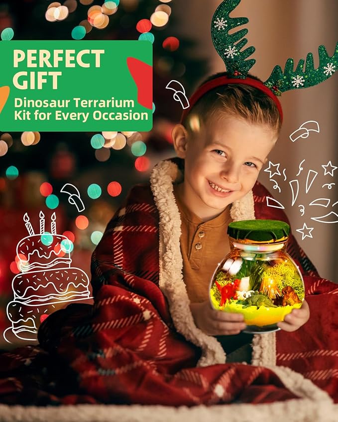 Light-Up Dinosaur Terrarium Kit for Kids, DIY Dino Toys Arts & Crafts Gift for Boys Age 4 5 6 7 8-12 Years Old, LED Night Light with Remote, Christmas Birthday Easter Decoration Present for Boy Girl