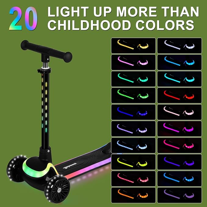 3-Wheel Light-Up Kids Scooter, 20 Different Light Patterns,Three Adjustable Heights,Lean to Steer, Balance Scooter for Ages 3-8-CubbioBaby