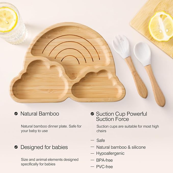let's make Marble Plate Set, 4 Pieces Bamboo Suction Place Setting for Baby-Led Weaning Feeding Set, Rainbow Design