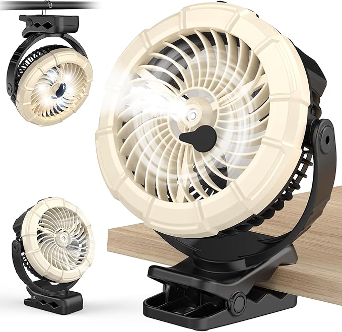 Ausic 3-in-1 Portable Clip on Fan with Misting & LED Lights & Hook, 100ML Baby Stroller Fan, 5200mAh Rechargeable Battery Operated & 360° Rotation & 3 Speeds for Table Outdoor Travel Camp Golf Cart-CubbioBaby