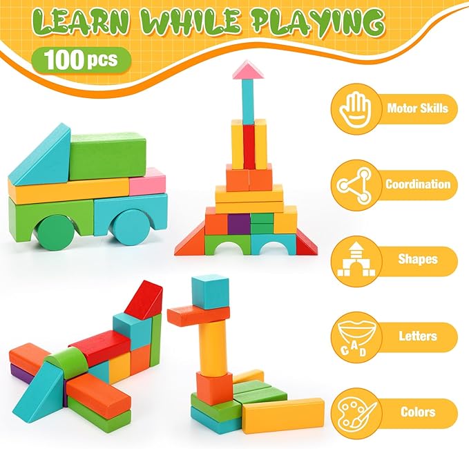 Libima 100 Pcs Wood Building Blocks for Toddlers 2-4 Years with Storage Container Wooden Building Blocks Wooden Building Set Wooden Building Set Preschool Block Learning Toys