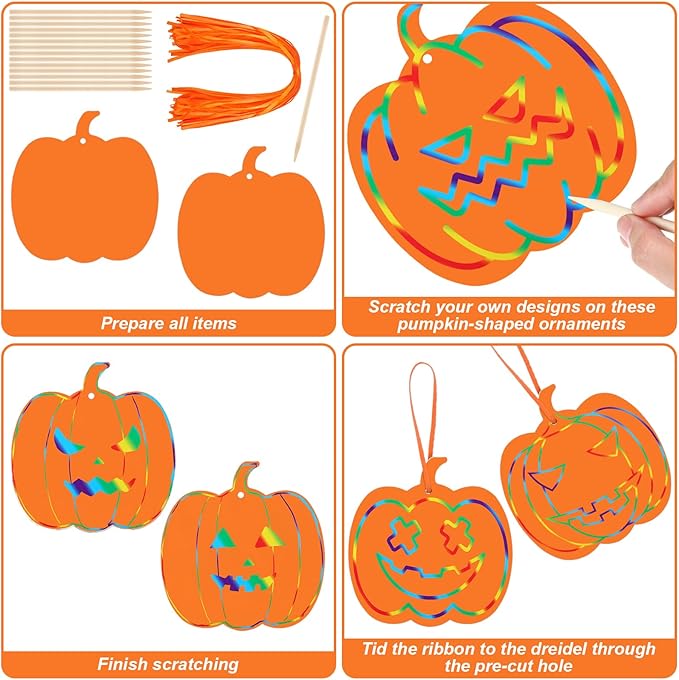Liliful 60 Set Thanksgiving Scratch Crafts for Kids Colorful Pumpkin Scratch Crafts with 30 Wooden Scratch Tools Fall Scratch Art Pumpkin Hanging Art for Autumn Thanksgiving Craft Gifts