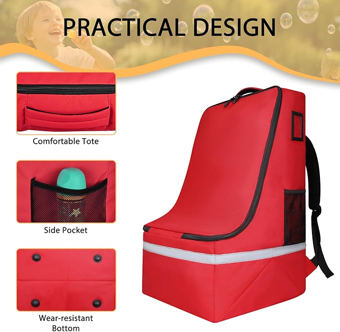 Car Seat Travel Bag for Airplane,Infant Seat Travel Bag with Shoulder Strap,Padded Car Seats Backpack with Reflective Stripes,Large Carseat Carrier Bag Travel Car Seat Cover, Red-CubbioBaby