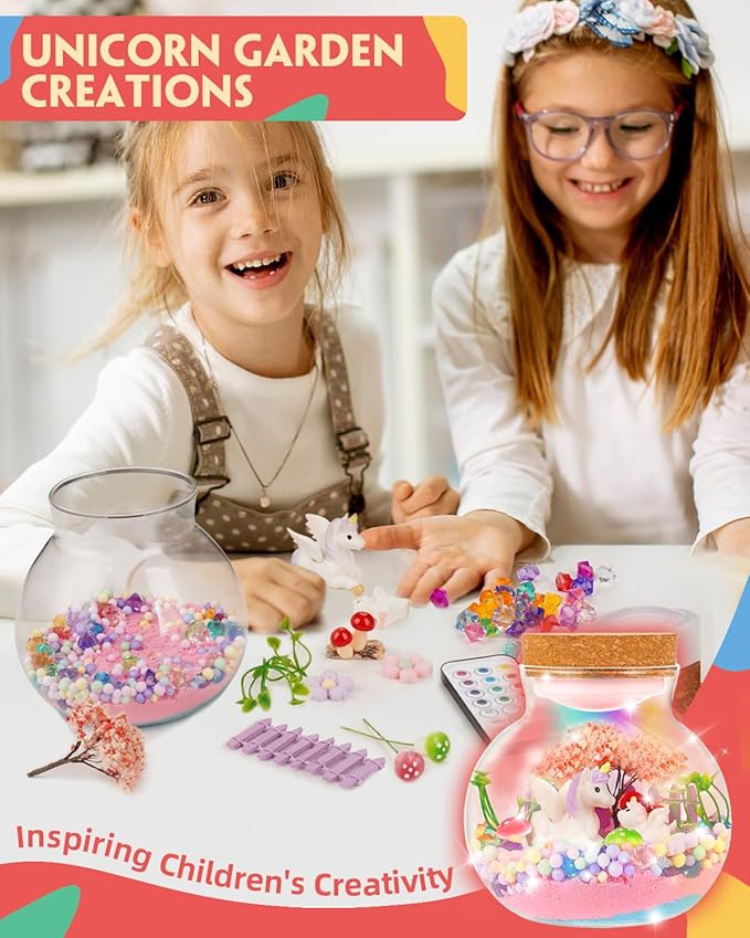 Light-Up Unicorn Terrarium Kit for Kids, DIY Arts & Crafts Gift for Girls Ages 4 5 6 7 8-12 Year Old, LED Night Light with Remote, Best Birthday Easter Unicorn Toys Gifts for Girls Kid