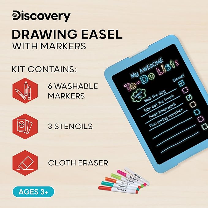 Discovery Kids Neon Glow Drawing Easel w/ 6 Color Markers, Built-in Kickstand/Wall Mount, 5 Light Modes, Easy Clean/Washable, Wide Screen, Flat Storage, Portable Travel Activity, Electronic Activity