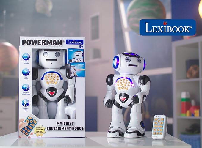 Lexibook Powerman - Remote Control Walking Talking Toy Robot, Dances, Sings, Reads Stories, Math Quiz, Shooting Discs, and Voice Mimicking, for kids 4+ - ROB50EN