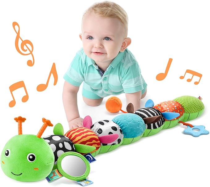 LIGHTDESIRE Baby Toys Musical Caterpillar,Infant Toys Stuffed Animals with Ruler Design,Mirror,Pull String&Ring Bell,Baby Teething Toys for Tummy Time Toys Newborn Gift 3 6 12 Months(Green,Leafy Limb)-CubbioBaby