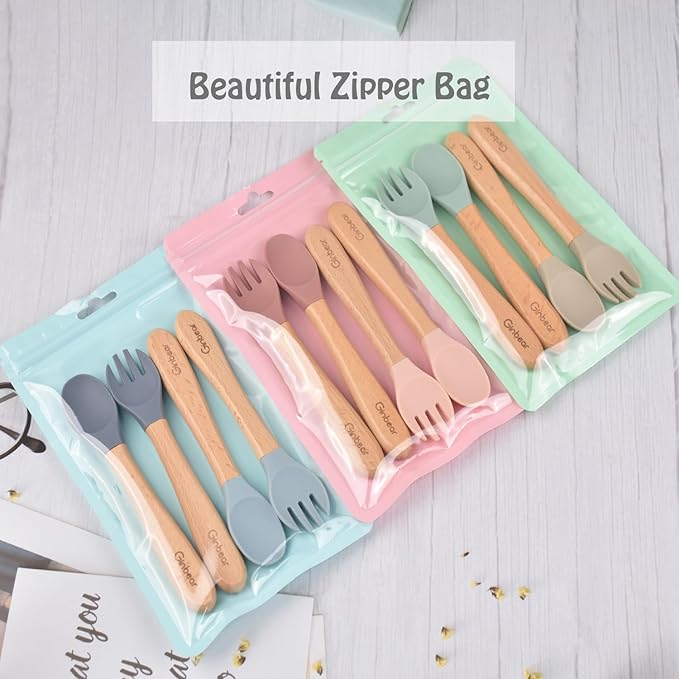 Ginbear Silicone Baby Spoons and Forks Self-feeding 12-18 Months, Soft-Tip Baby Flatware Sets, Toddler Feeding Utensils for Child, 4 Piece Set (Hazy Green/Almond)-CubbioBaby