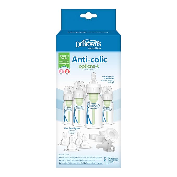 Dr. Brown's Anti-Colic Breast to Bottle Feeding Set with Slow Flow Nipples, Travel Caps, and Silicone Pacifier - Gray-CubbioBaby