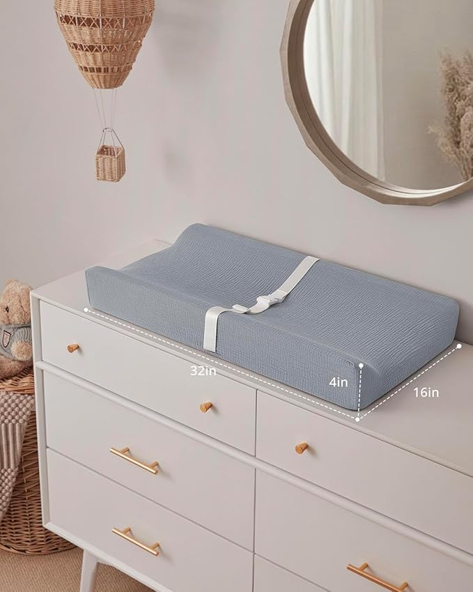 Blissful Diary Muslin Baby Changing Pad with Waterproof Lining Foam, Diaper Changing Table Pad with Cover for Dressers (Gray, Rectangular)-CubbioBaby