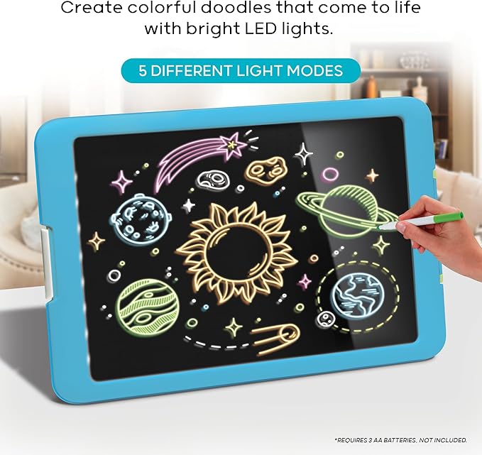 Discovery Kids Neon Glow Drawing Easel w/ 6 Color Markers, Built-in Kickstand/Wall Mount, 5 Light Modes, Easy Clean/Washable, Wide Screen, Flat Storage, Portable Travel Activity, Electronic Activity