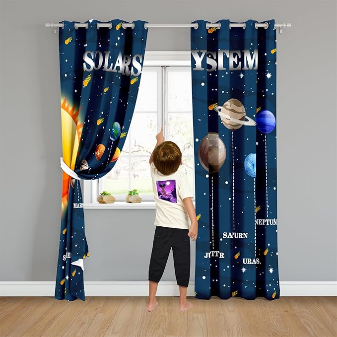 Solar System Curtain Panels - 2Pcs 95% Blackout Outer Space Curtains for Boys Bedroom Grommet Room Darkening Galaxy Planets Themed Curtains for Living Room, 82" x 84"-CubbioBaby