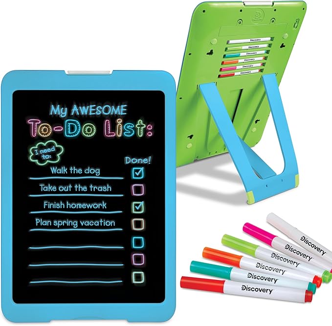 Discovery Kids Neon Glow Drawing Easel w/ 6 Color Markers, Built-in Kickstand/Wall Mount, 5 Light Modes, Easy Clean/Washable, Wide Screen, Flat Storage, Portable Travel Activity, Electronic Activity