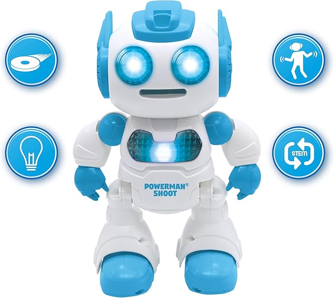 LEXiBOOK, Powerman Shoot - My First Throwing-disc Robot, Programmable Remote Control Robot, Plays Music and Dances, Sound and Light Effects, 12 Foam Discs, ROB17, White/Blue