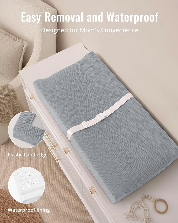 Blissful Diary Muslin Baby Changing Pad with Waterproof Lining Foam, Diaper Changing Table Pad with Cover for Dressers (Gray, Rectangular)-CubbioBaby
