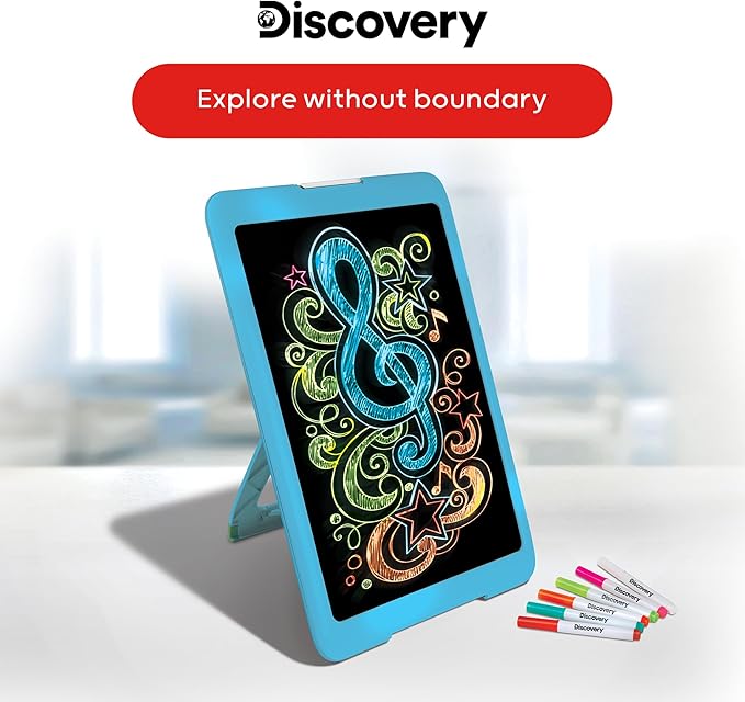 Discovery Kids Neon Glow Drawing Easel w/ 6 Color Markers, Built-in Kickstand/Wall Mount, 5 Light Modes, Easy Clean/Washable, Wide Screen, Flat Storage, Portable Travel Activity, Electronic Activity