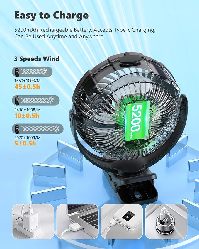 Ausic 3-in-1 Portable Clip on Fan with Misting & LED Lights & Hook, 100ML Baby Stroller Fan, 5200mAh Rechargeable Battery Operated & 360° Rotation & 3 Speeds for Table Outdoor Travel Camp Golf Cart-CubbioBaby