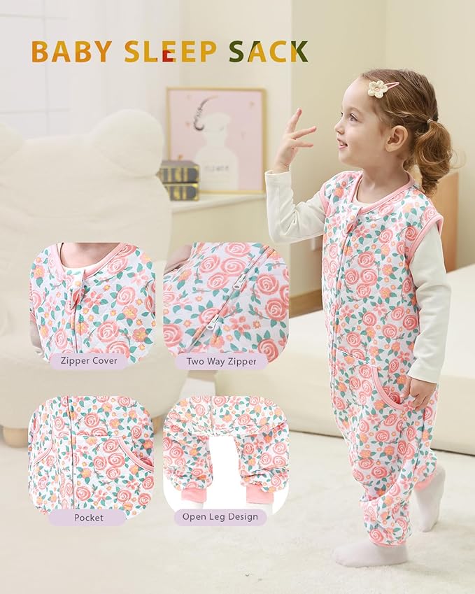 HOMEAL 1.0Tog Toddler Sleep Sacks 2T-3T,Toddler Sleeping Sack with Legs, Sleep Sacks, Baby Wearable Blanket, Pink Rose-CubbioBaby