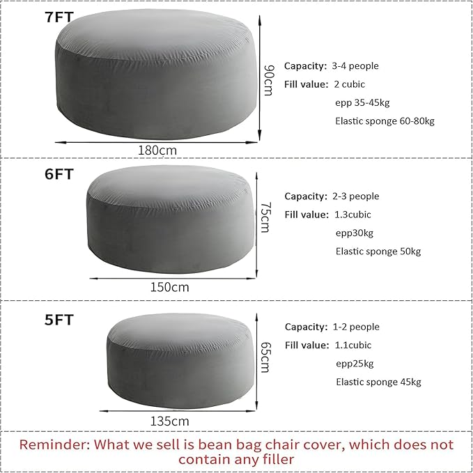 (No Filler) Giant Bean Bag Chair Cover for Kids Adults, Living Room Furniture Big Round Soft Fluffy Faux Fur Beanbag Lazy Sofa Bed Cover (Black, 6FT)